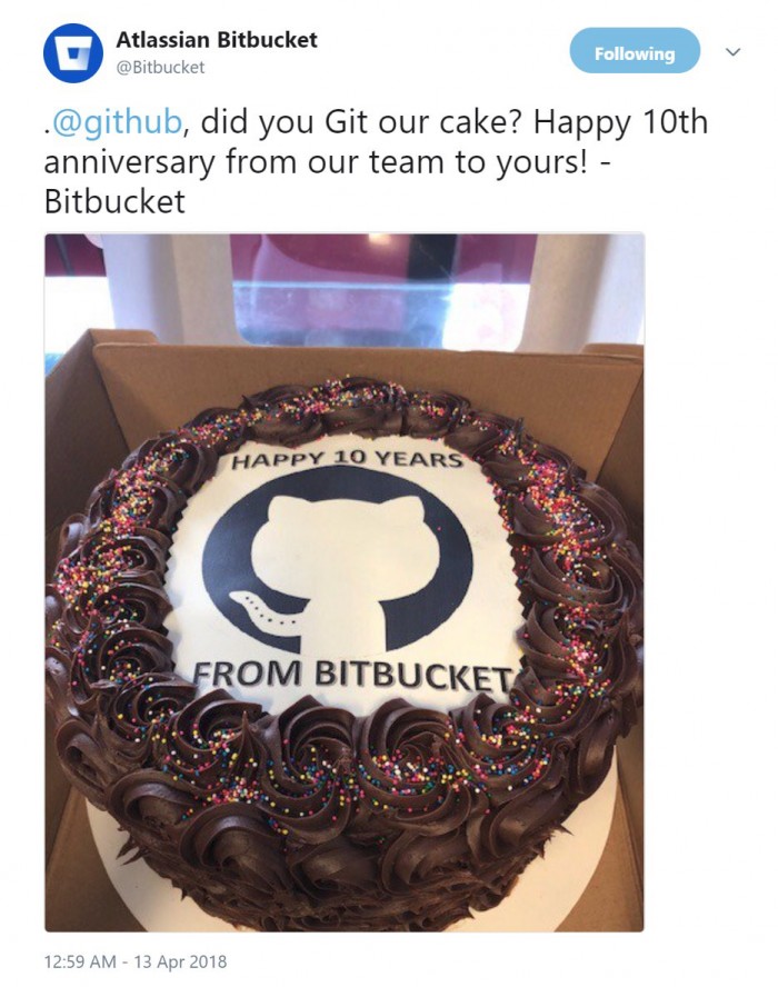 Bitbucket wishes a happy anniversary to their biggest competitor, GitHub