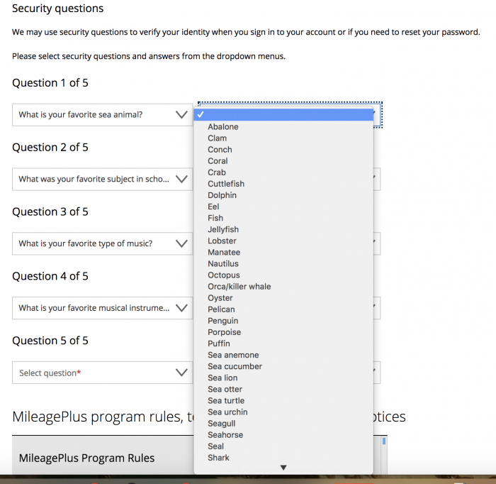 United Airlines forces you to select premade answers to your security questions 