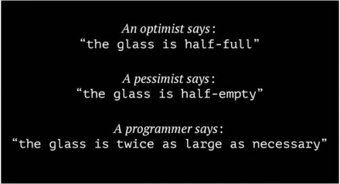 An optimist, a pessimist and a programmer vs the glass