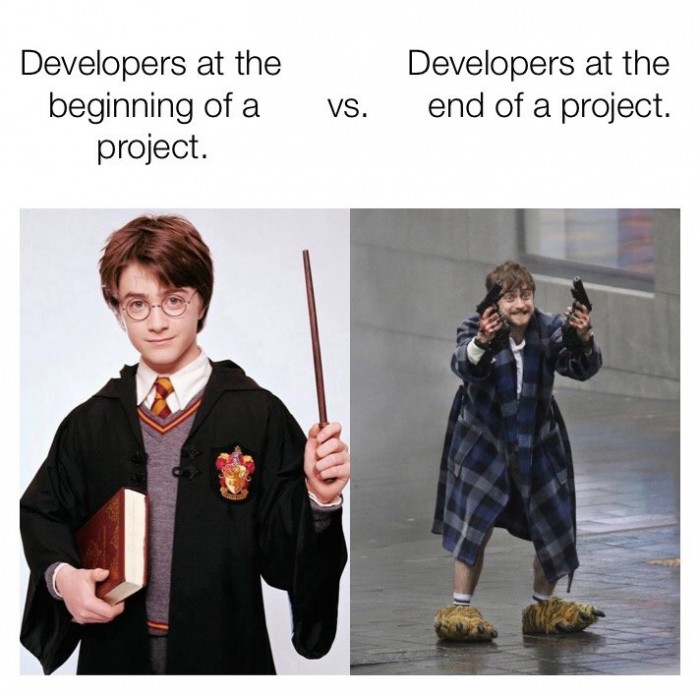 Developers at the beginning of a project vs the end