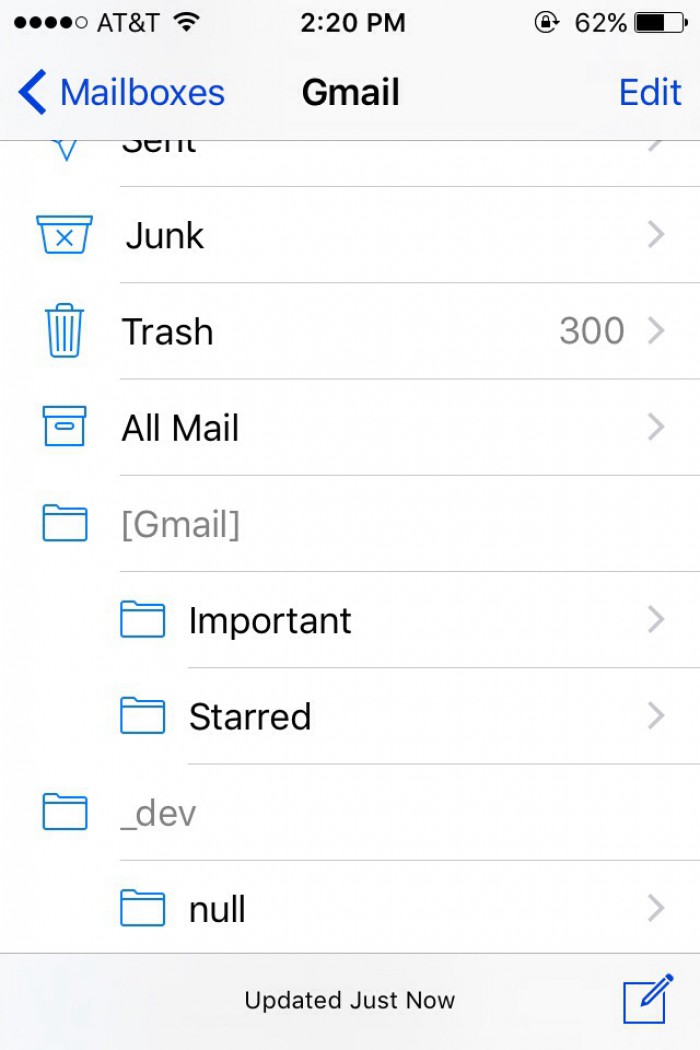 I have a gmail label named "/dev/null" that I think tripped up the iOS Mail app.