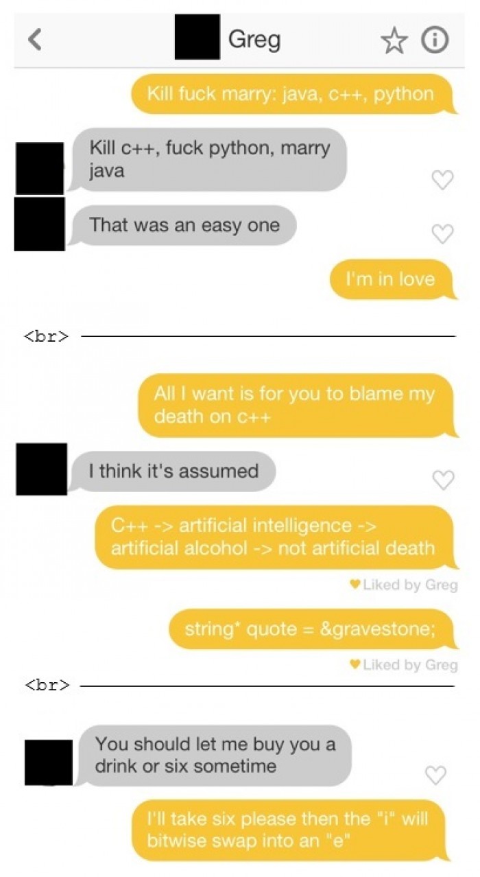 Two programmers chat on a dating app (highlights only)
