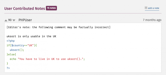 Top comment for PHP's uksort() function