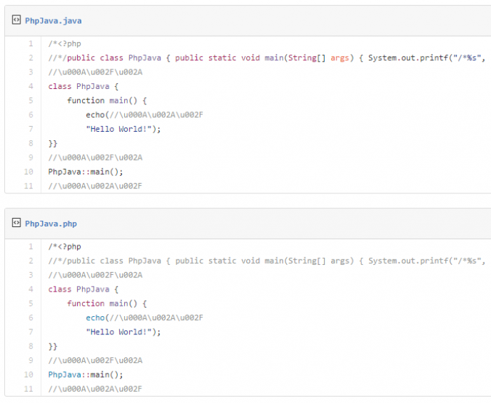This snippet of code is syntactically valid in both PHP and Java, and produces the same output in both